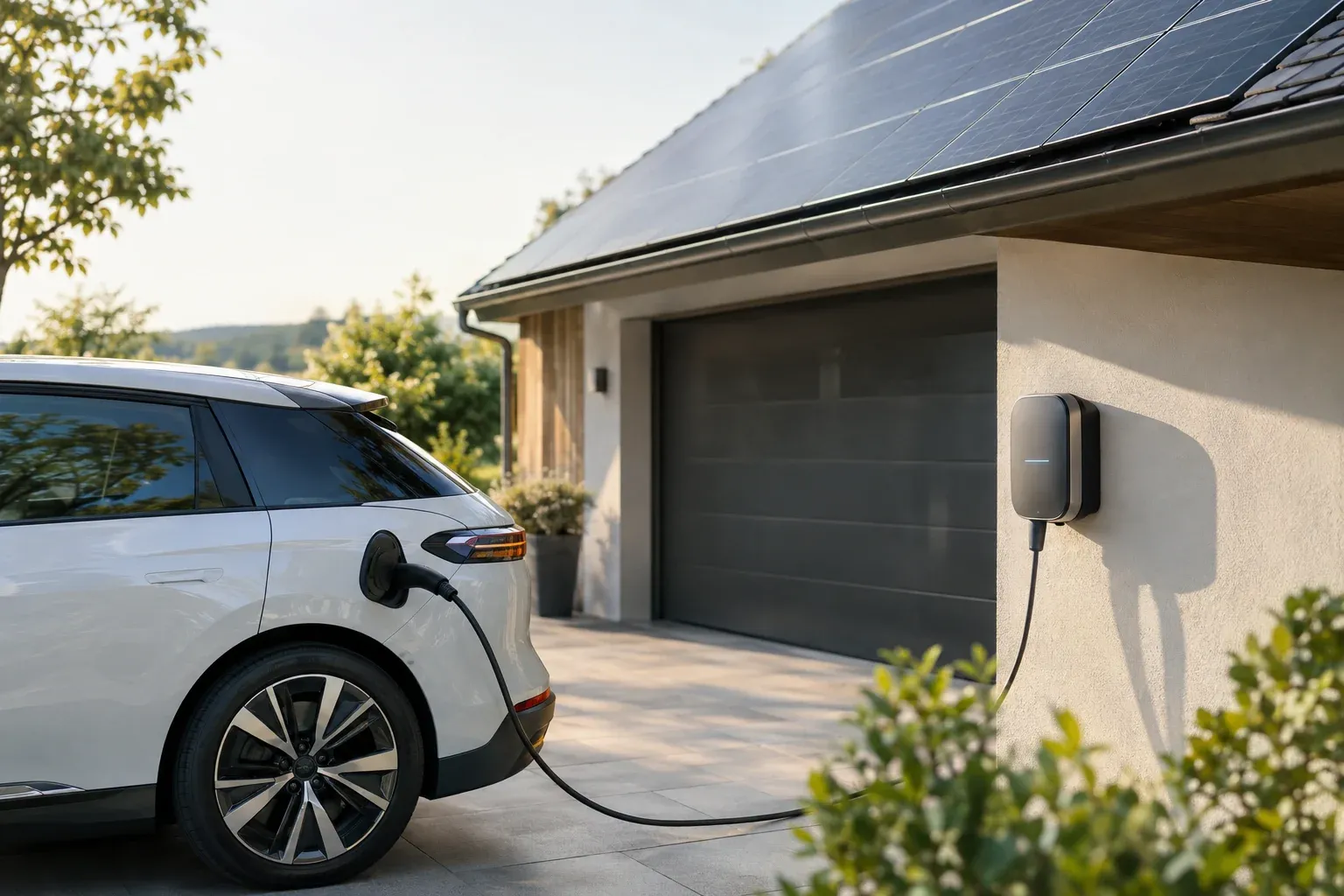 Elektroauto lädt an einer Wallbox mit Solarstrom vom eigenen Dach