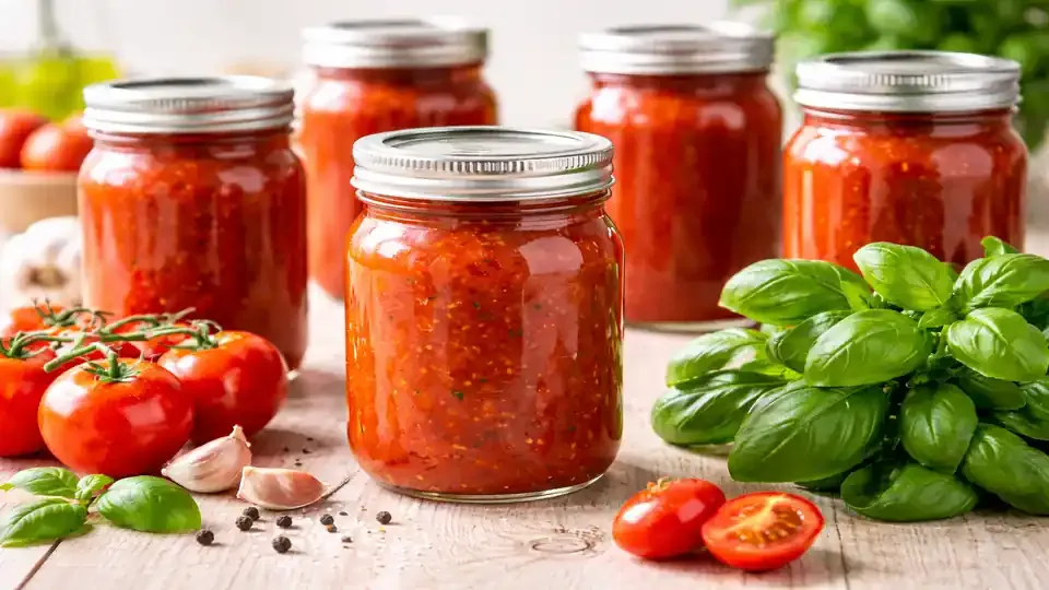 Mehrere Einmachgläser mit leuchtend roter Tomatensoße auf einem hellen Holztisch, daneben frische Tomaten und ein Bund Basilikum im natürlichen Tageslicht.
