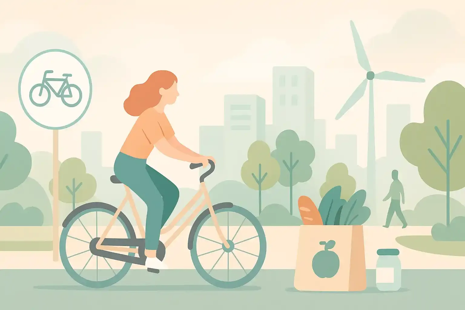 Pastellfarbene, minimalistische Illustration einer Fahrradstadt: Eine Frau fährt auf einem Radweg durch eine grüne, fahrradfreundliche Stadt mit Bäumen, Radweg-Schild, moderner Skyline und Windrad. Im Vordergrund steht eine Einkaufstasche mit Lebensmitteln. Das Motiv vermittelt Nachhaltigkeit, aktive Mobilität und urbanes Radfahren.