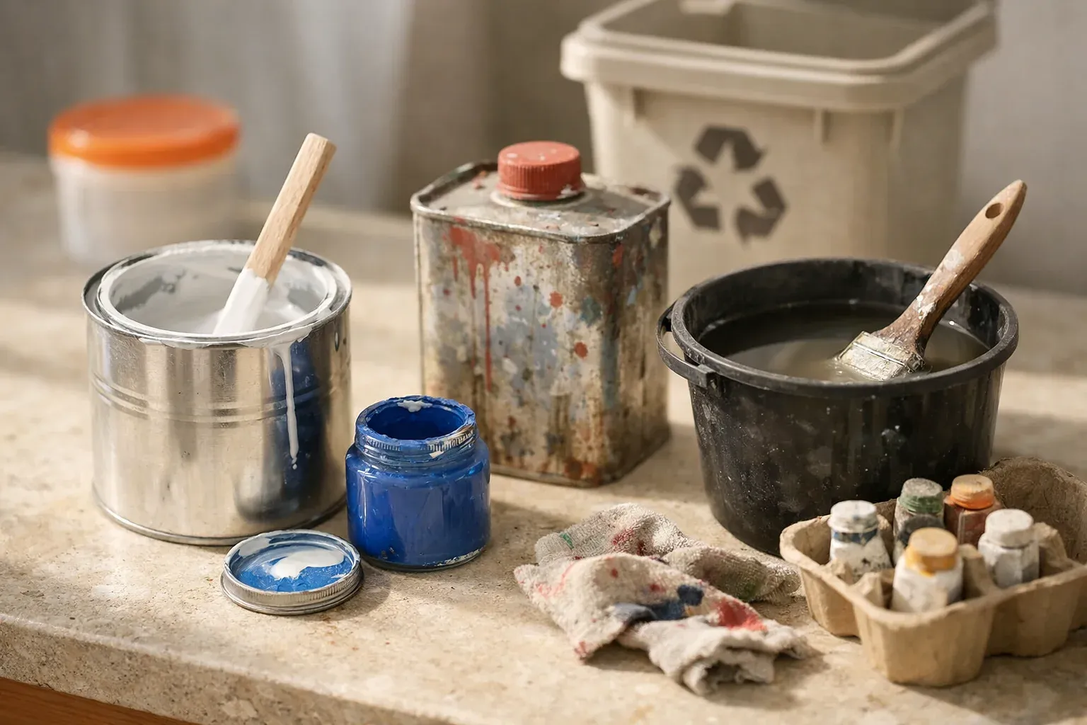 Farbeimer und Farbreste entsorgen richtig: Geöffnete Farbdosen, Pinsel und Behälter mit Restfarbe auf einer Arbeitsfläche – Beispiel für die sachgerechte Entsorgung von Farb- und Lackresten.