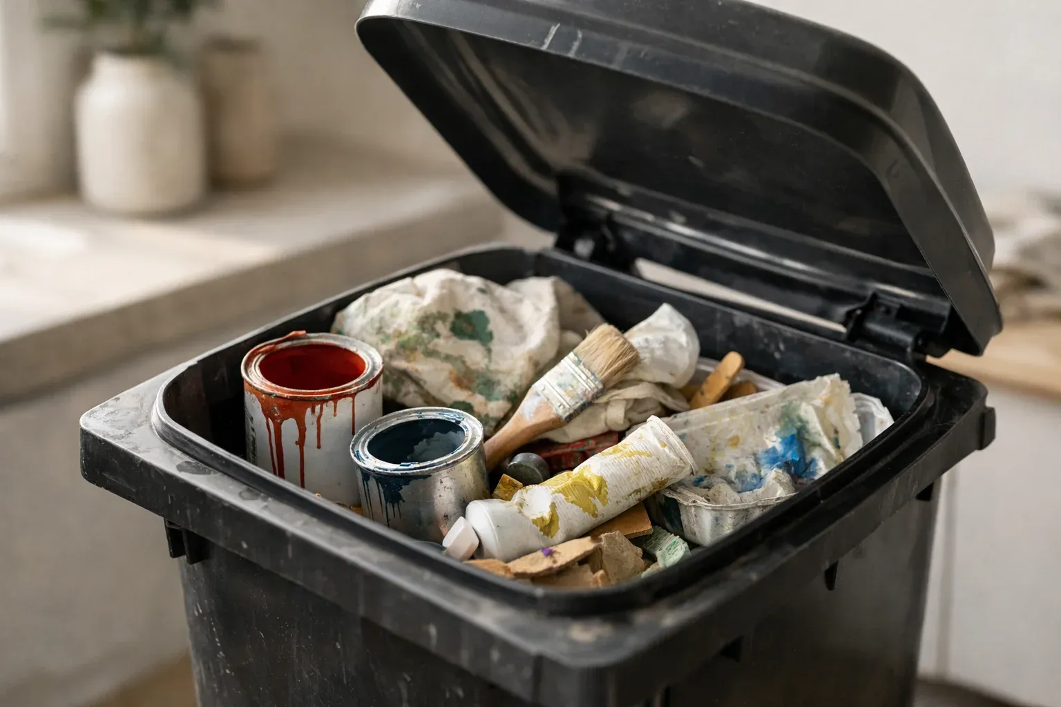 Farbeimer Farbreste entsorgen: Alter Farbeimer mit eingetrockneter Farbe und Malerzubehör im geöffneten Müllbehälter – Symbol für die korrekte Trennung von Sonderabfällen.