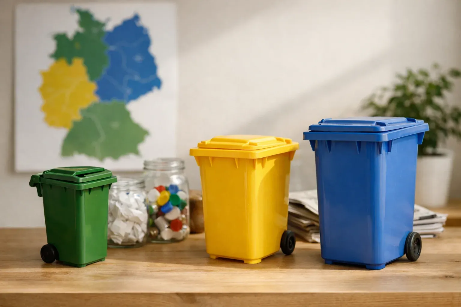 Farbreste richtig entsorgen und Müll trennen: Gelbe, blaue und grüne Mülltonnen auf einem Tisch mit Recycling-Hinweis im Hintergrund – Darstellung der Abfalltrennung in Deutschland.