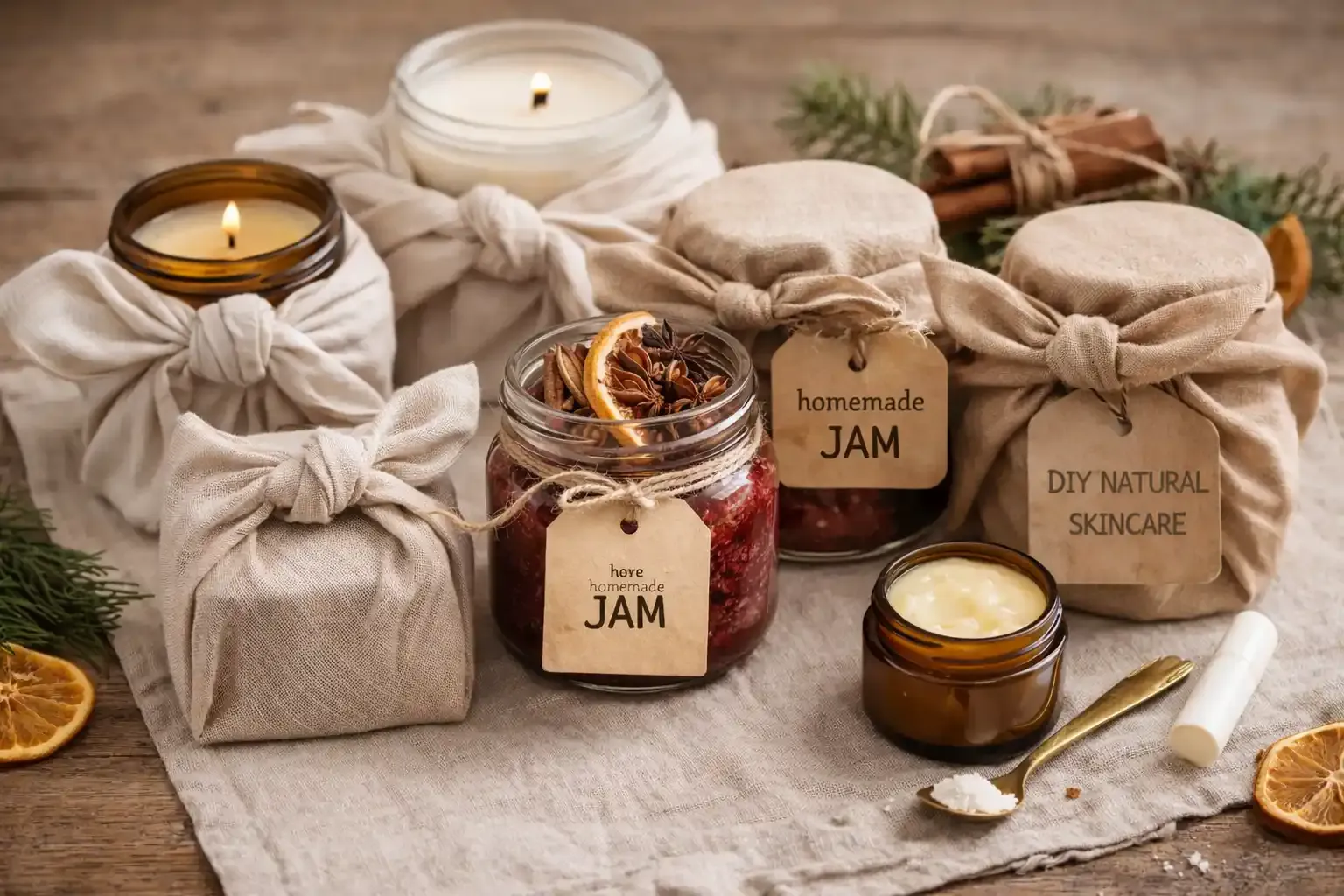 Mehrere selbstgemachte Geschenke wie Kerzen, Gläser mit Marmelade und Kosmetikbehälter sind in Stofftücher gewickelt und auf einer Holzoberfläche angeordnet.