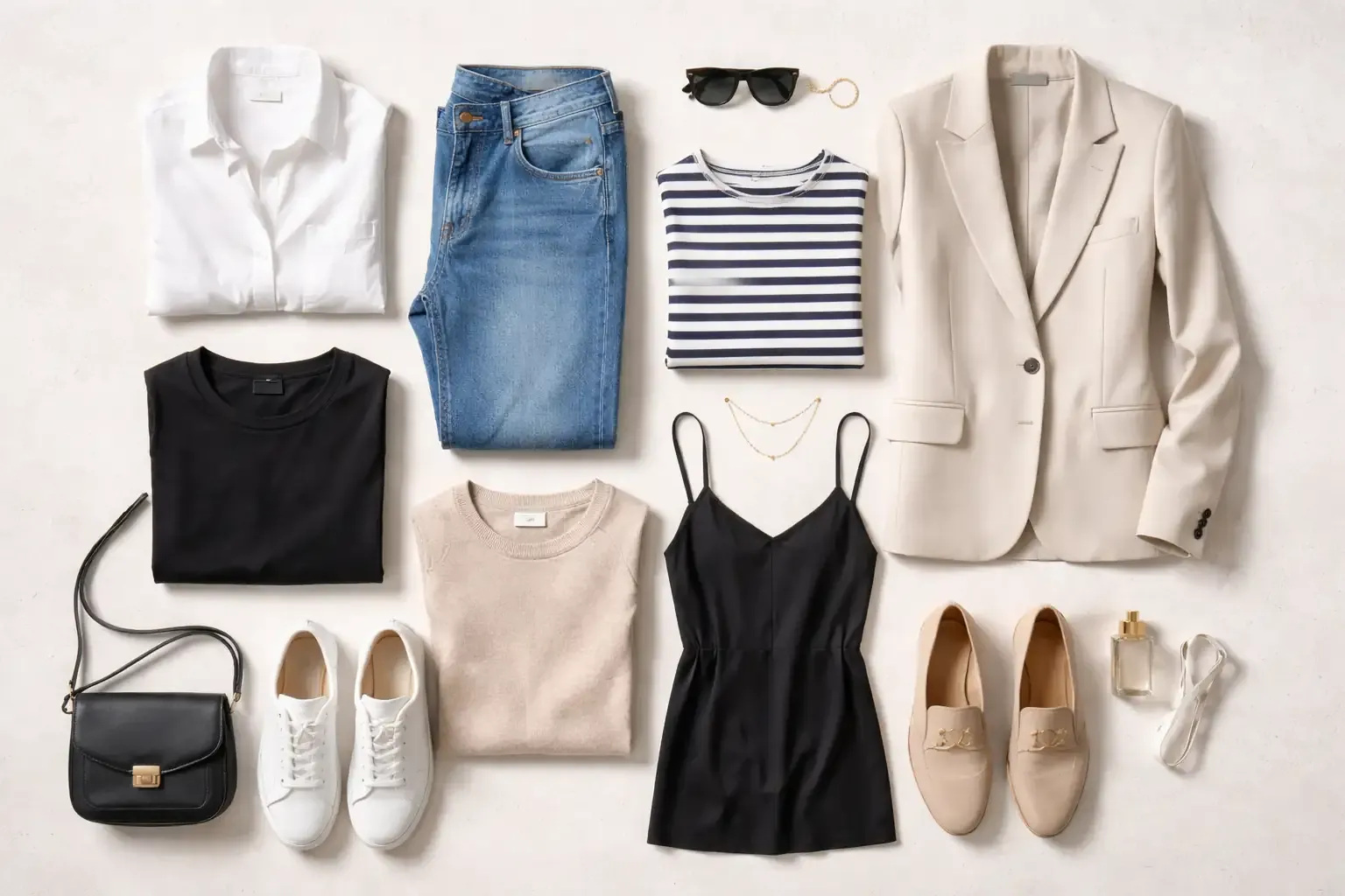 Fotorealistisches Flatlay mit zehn Basic-Kleidungsstücken wie weißer Bluse, Jeans, schwarzem T-Shirt und Blazer, elegant auf hellem Untergrund arrangiert.