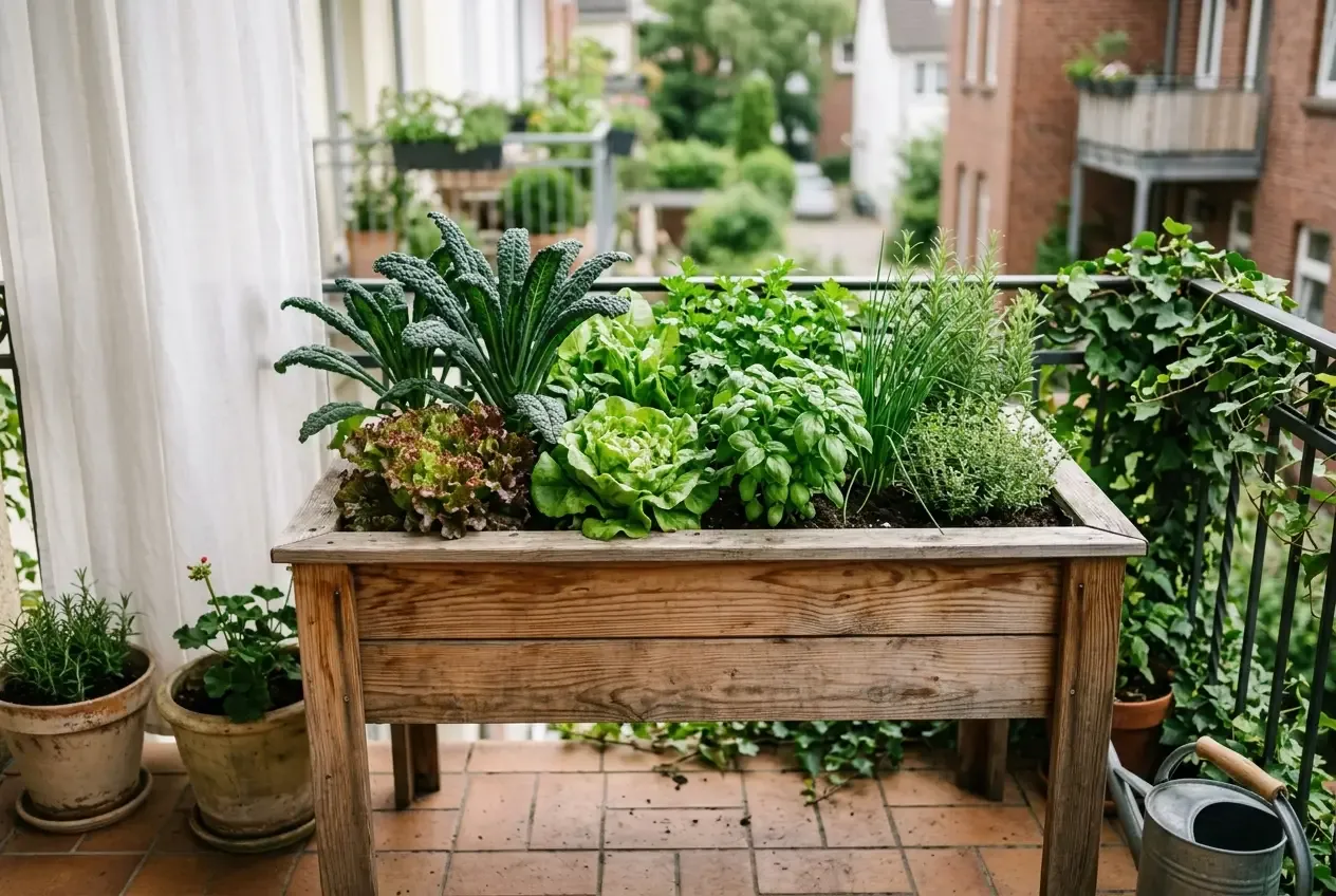 Kleines Hochbeet auf dem Balkon mit Kräutern und Salat bepflanzt