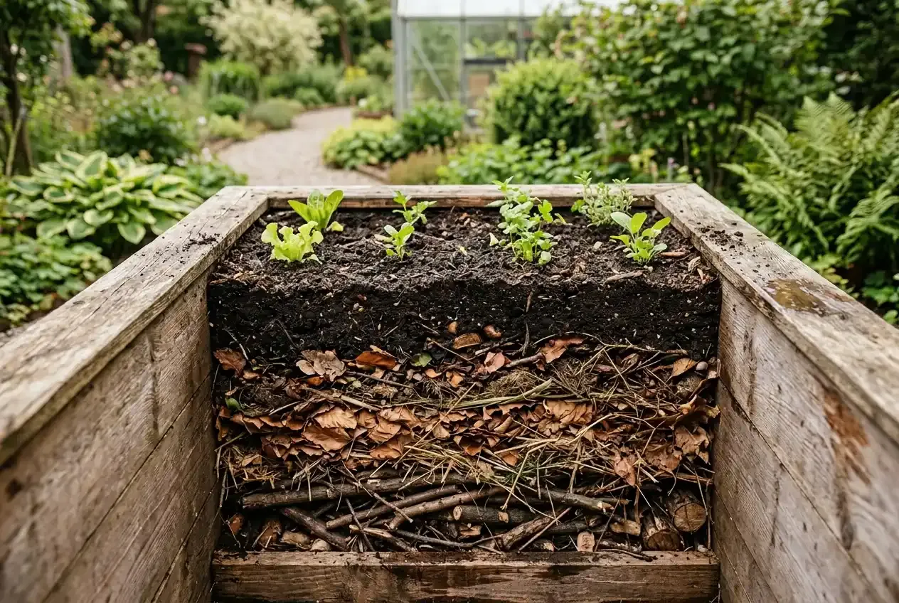 Hochbeet Schichten Aufbau mit Ästen, Laub, Kompost und Pflanzerde
