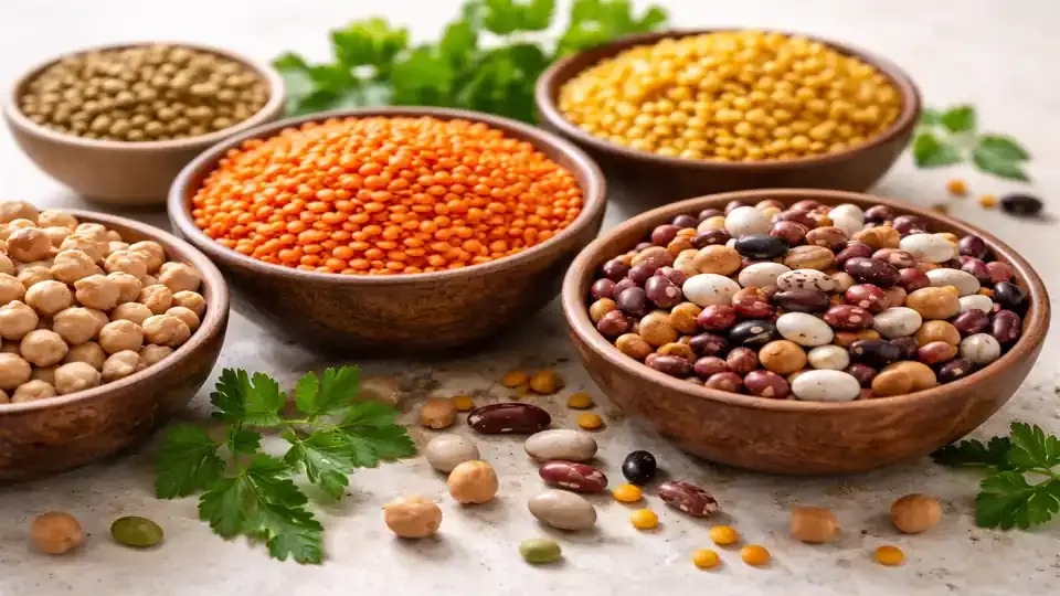 Nahaufnahme von Hülsenfrüchten wie Linsen, Kichererbsen und verschiedenen Bohnen in kleinen Schalen auf hellem Untergrund.