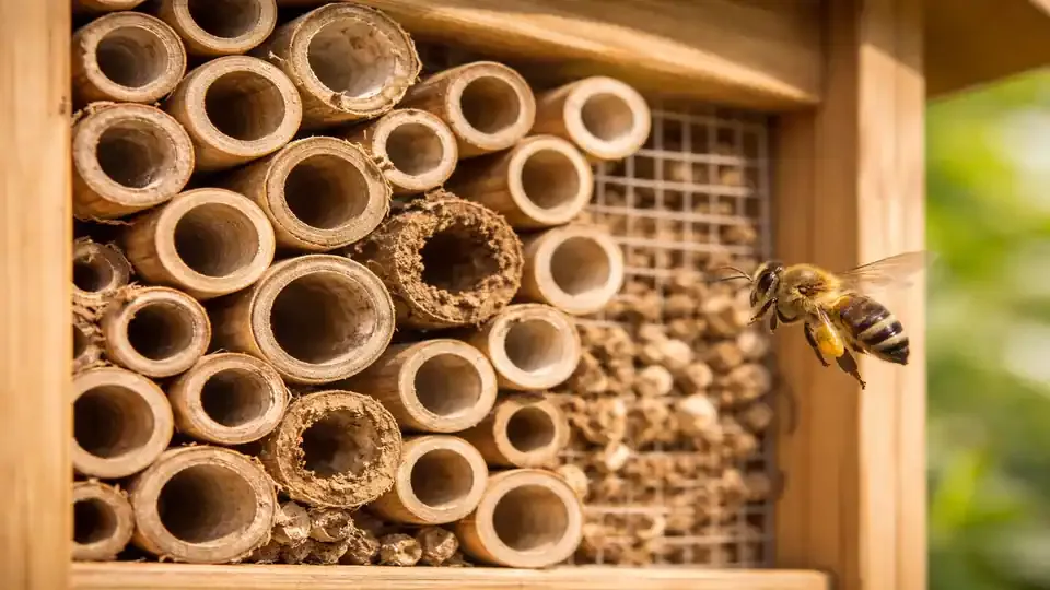 Nahaufnahme eines Insektenhotels mit sichtbaren Bambusröhrchen und Schilfhalmen, eine Wildbiene fliegt im natürlichen Tageslicht auf die Nisthilfen zu.