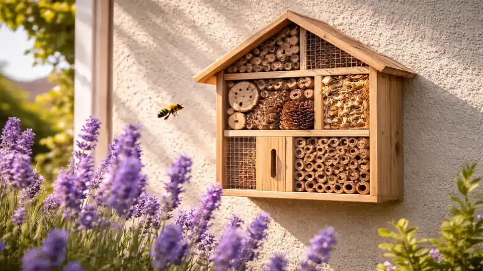 Holz-Insektenhotel an sonniger Hauswand mit südlicher Ausrichtung, blühender Lavendel im Vordergrund und einer Wildbiene im Anflug bei warmem natürlichen Tageslicht.