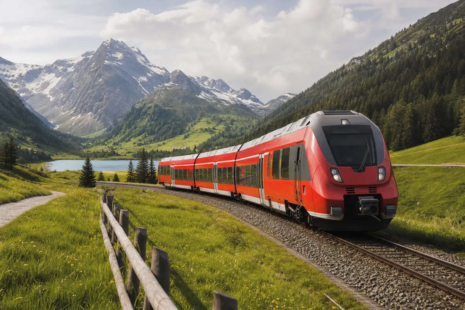 Regionalzug fährt durch alpine Landschaft, Symbolbild für die teilnehmenden Länder des Interrail-Passes