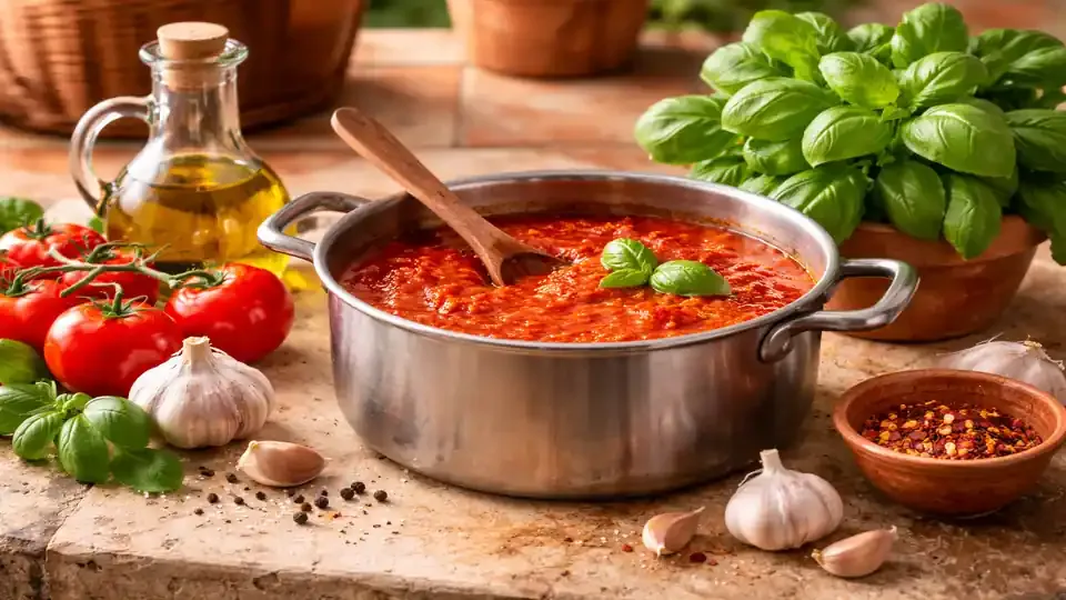 Italienische Küchenszene mit Tomatensoße im Topf, frischem Basilikum, Knoblauch und Olivenöl auf einer Terrakotta-Arbeitsfläche, warmes mediterranes Licht.
