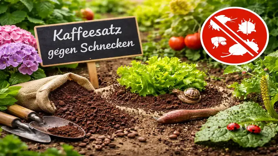 Kaffeesatz im Garten als natürliche Barriere gegen Schnecken und andere Schädlinge, ausgebracht rund um Salatpflanzen im Beet.