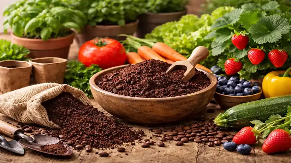 Kaffeesatz in einer Schale, umgeben von Pflanzen, Gemüse und Beerenobst auf einer Holzfläche im natürlichen Licht.