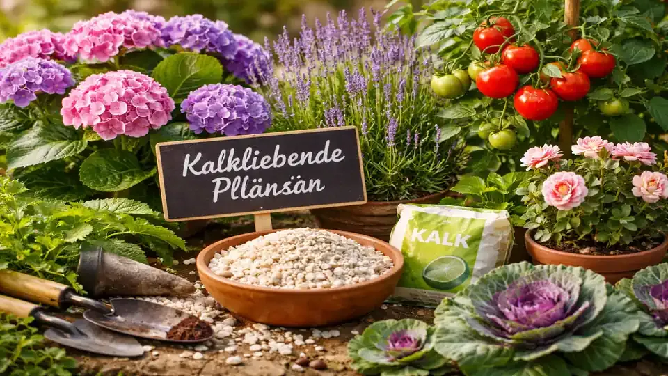 Auswahl kalkliebender Pflanzen im Garten, darunter Lavendel, Hortensien und Gemüse, mit Kalkgranulat und Gartengeräten auf natürlichem Untergrund.