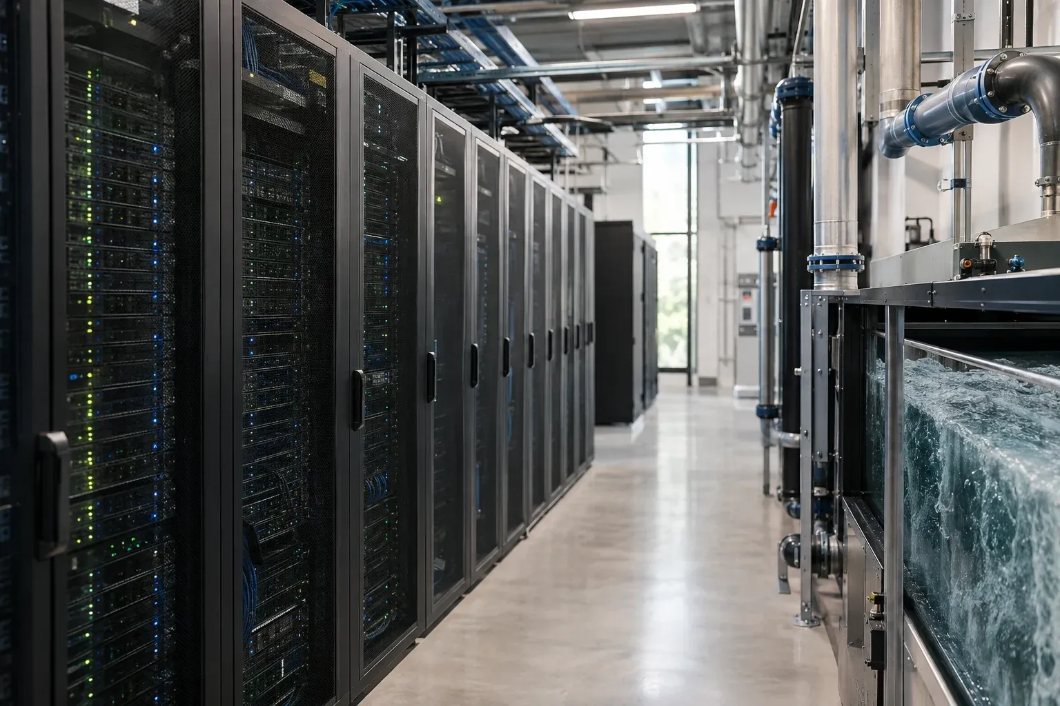Serverracks in einem Rechenzentrum, dessen Kühlsystem für den KI Wasserverbrauch verantwortlich ist