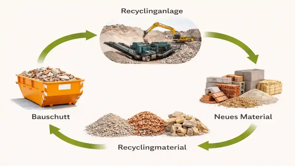 Kreislaufdiagramm einer Recyclinganlage, das zeigt, wie Bauschutt gesammelt, aufbereitet und als Recyclingmaterial zu neuem Baumaterial weiterverarbeitet wird.