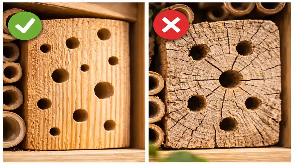Gegenüberstellung von Holz für Insektenhotels: links korrekt ins Längsholz gebohrte, glatte Bohrlöcher als Positivbeispiel, rechts gerissenes Hirnholz mit Rissen und Ausbrüchen als Negativbeispiel.