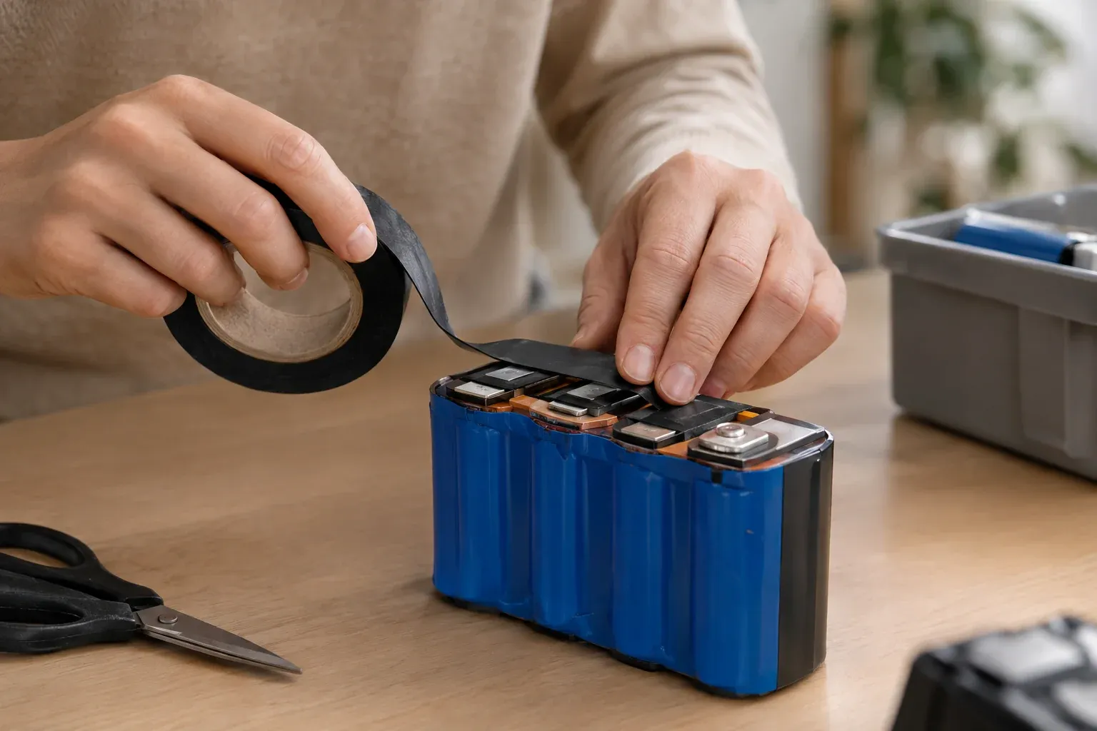 Pole eines Lithium-Ionen-Akkus werden mit Klebeband abgeklebt, wichtiger Schritt beim Batterien entsorgen