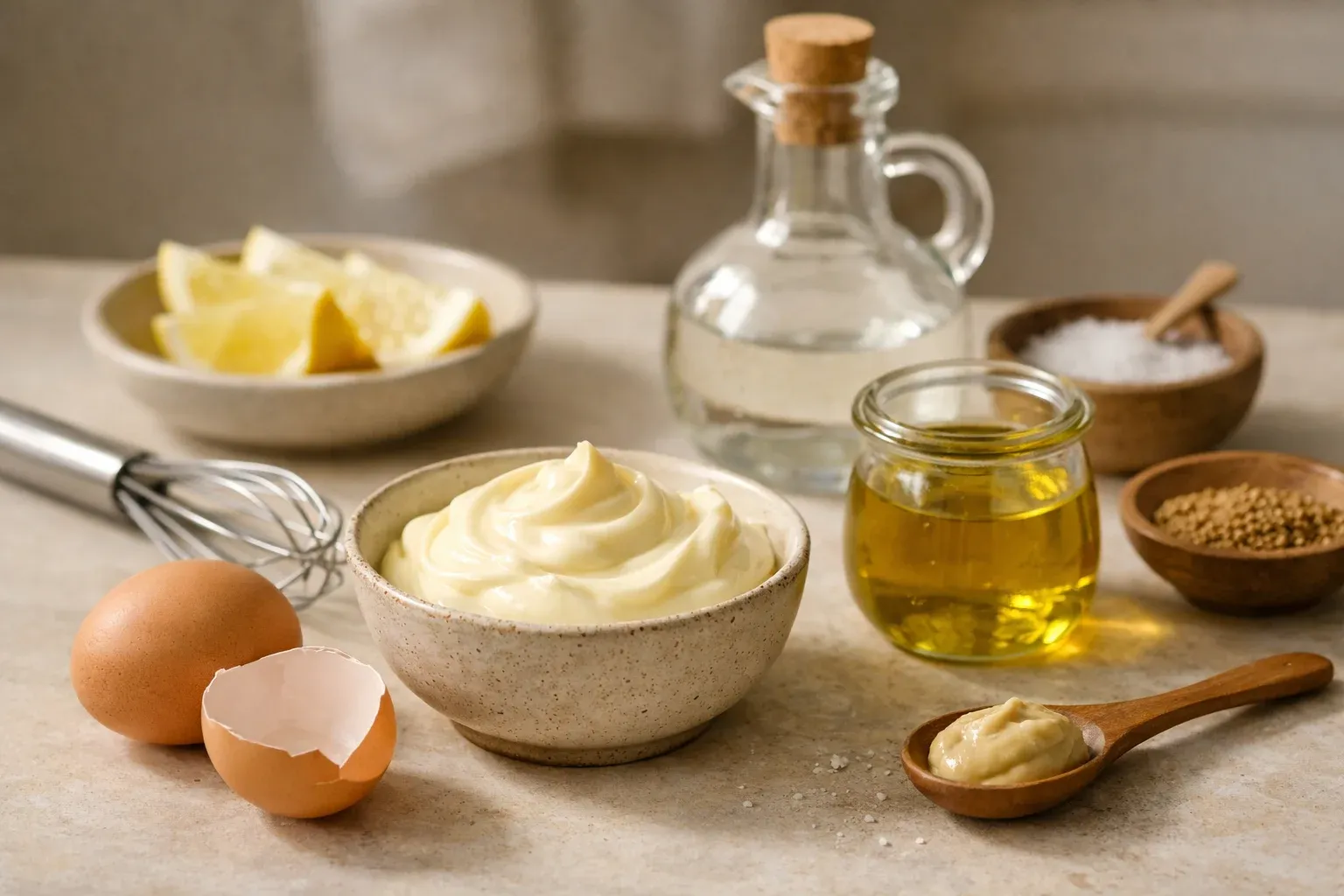 Hausgemachte Mayonnaise in einer Schüssel mit frischen Zutaten wie Ei, Zitronenscheiben, Olivenöl, Essig, Salz und Senf auf heller Küchenarbeitsfläche