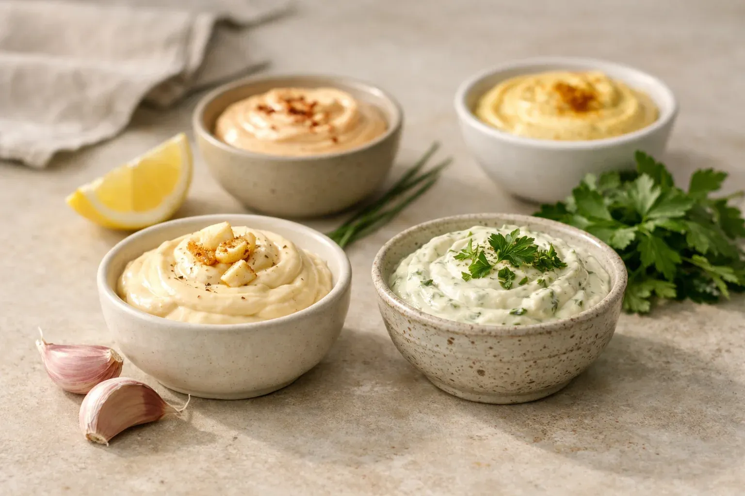 Verschiedene hausgemachte Dips und Mayonnaise-Variationen in Schüsseln, darunter Knoblauchmayonnaise, Kräuterdip und würzige Aioli, serviert mit frischen Zutaten wie Zitrone, Petersilie und Knoblauch auf heller Steinoberfläche