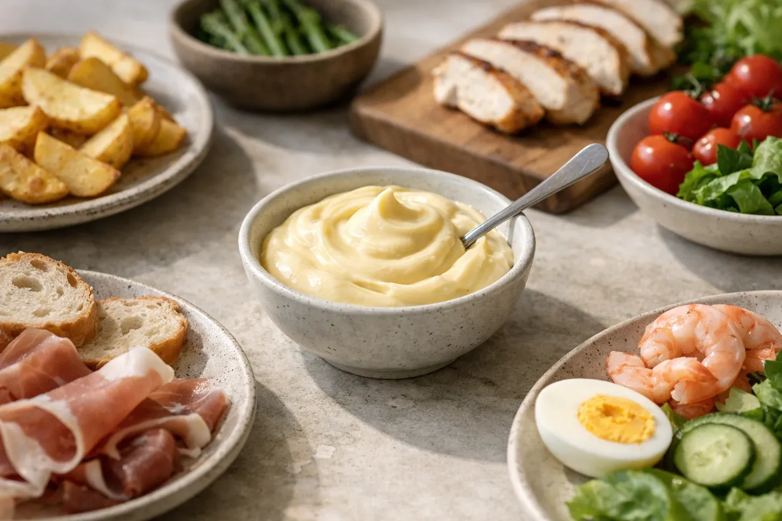 Cremige hausgemachte Mayonnaise in einer Schüssel, serviert mit Brot, Schinken, Garnelen, gekochtem Ei, Ofenkartoffeln und frischem Salat als Beilage auf gedecktem Tisch