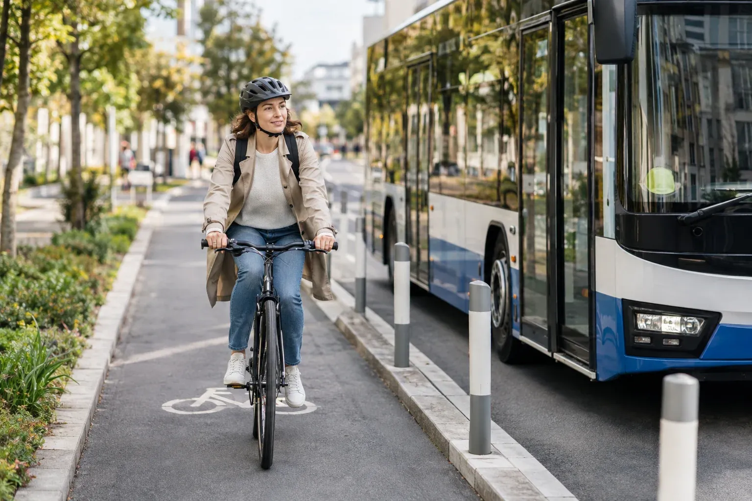 Radfahrer auf einem geschützten Radstreifen neben einem Stadtbus als Beispiel nachhaltiger Mobilität