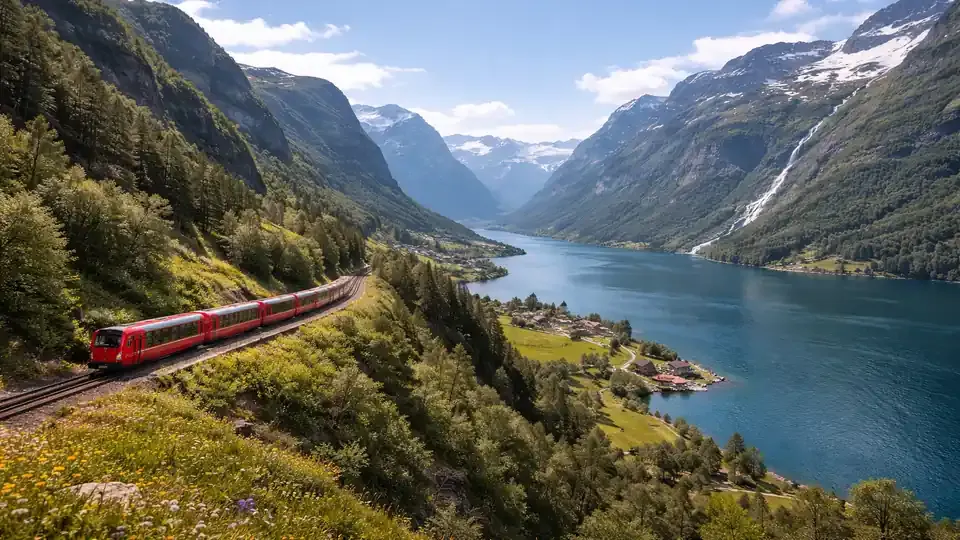 Norwegische Fjordlandschaft mit Bahnstrecke entlang eines tiefblauen Fjords, umgeben von steilen, grünen Berghängen, kleinen Siedlungen und Wasserfällen im klaren natürlichen Tageslicht.