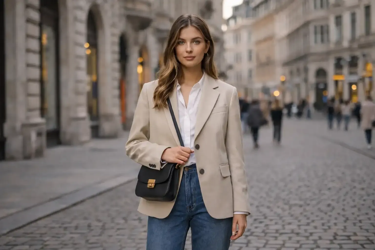 Fotorealistisches Editorial-Shooting einer jungen Frau im Old-Money-Style mit skandinavischem Look, getragen als Basic Capsule Wardrobe vor historischen Stadthäusern.