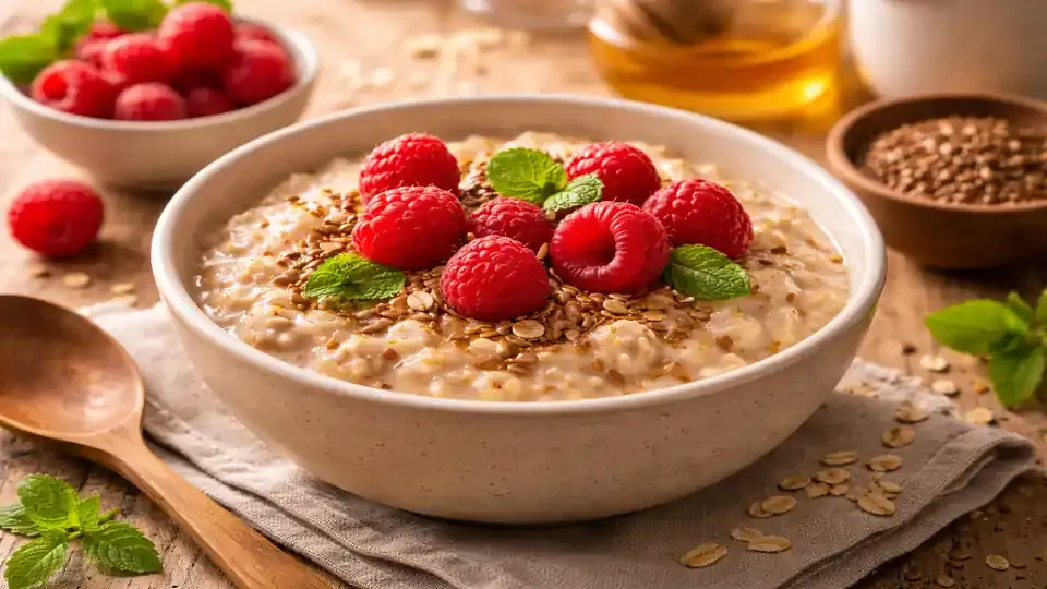 Nahaufnahme einer Schale mit Porridge aus Haferflocken, garniert mit frischen Himbeeren und Leinsamen, in warmem Morgenlicht auf hellem Untergrund.