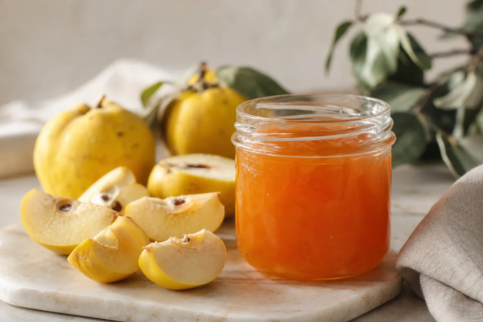 Selbstgemachtes Quittengelee im Glas neben frischen Quittenscheiben