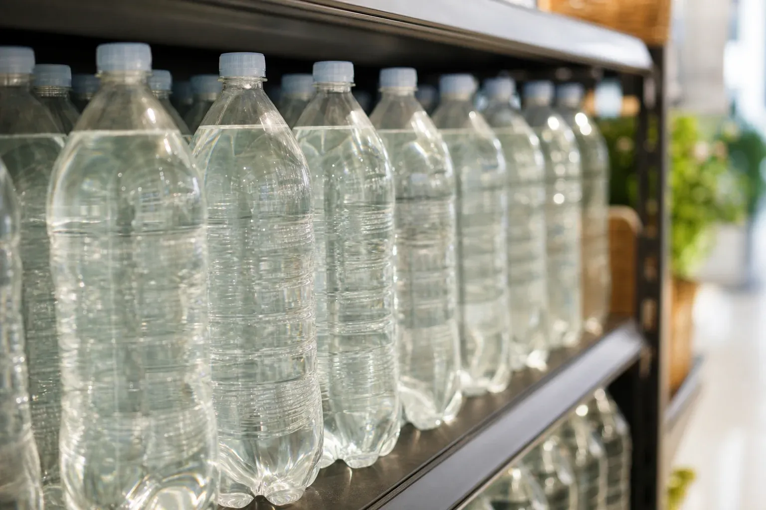 PET-Flaschen mit Rezyklatanteil im Supermarktregal