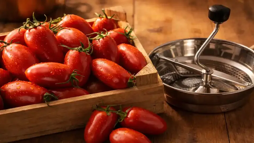 Nahaufnahme von reifen San-Marzano-Tomaten in einer Holzkiste, daneben ein Passiergerät (Flotte Lotte) auf einem Holztisch bei warmer Lichtstimmung.