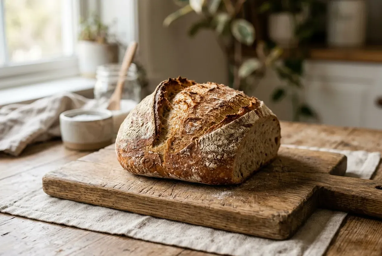 Frisch gebackenes Sauerteigbrot auf einem Holzbrett