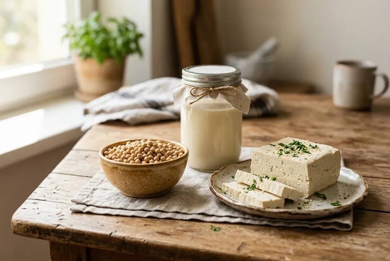 Sojabohnen und Sojaprodukte wie Tofu und Sojamilch auf einem Tisch