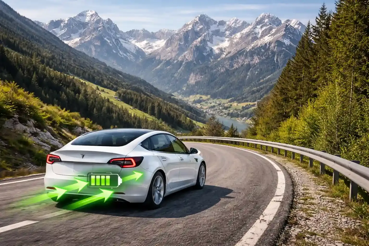 Weißer Tesla fährt bergab auf einer kurvigen Bergstraße in den Alpen, grüne Energiepfeile zeigen die Rekuperation zur Batterie, alpine Landschaft im Hintergrund.