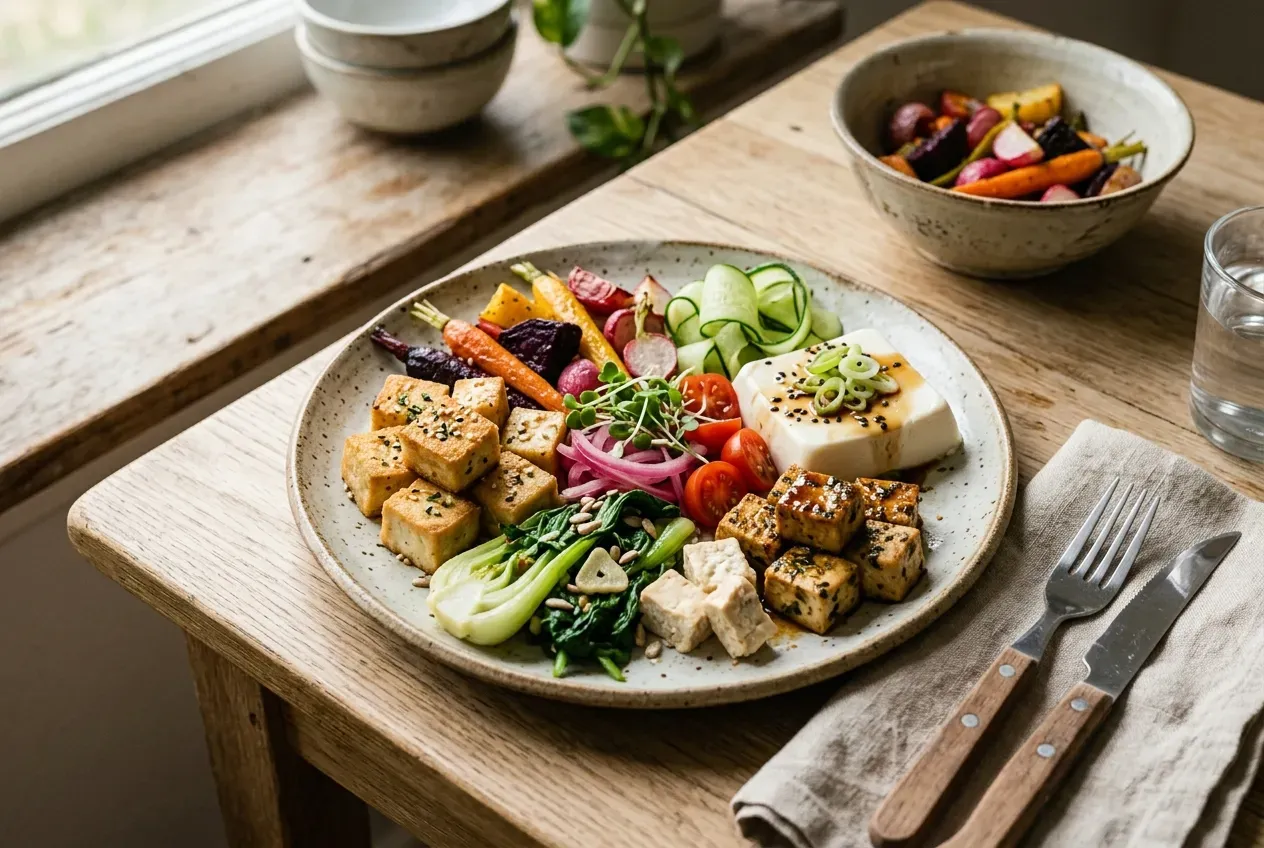 Tofu in verschiedenen Zubereitungsarten auf einem Teller mit Gemüse