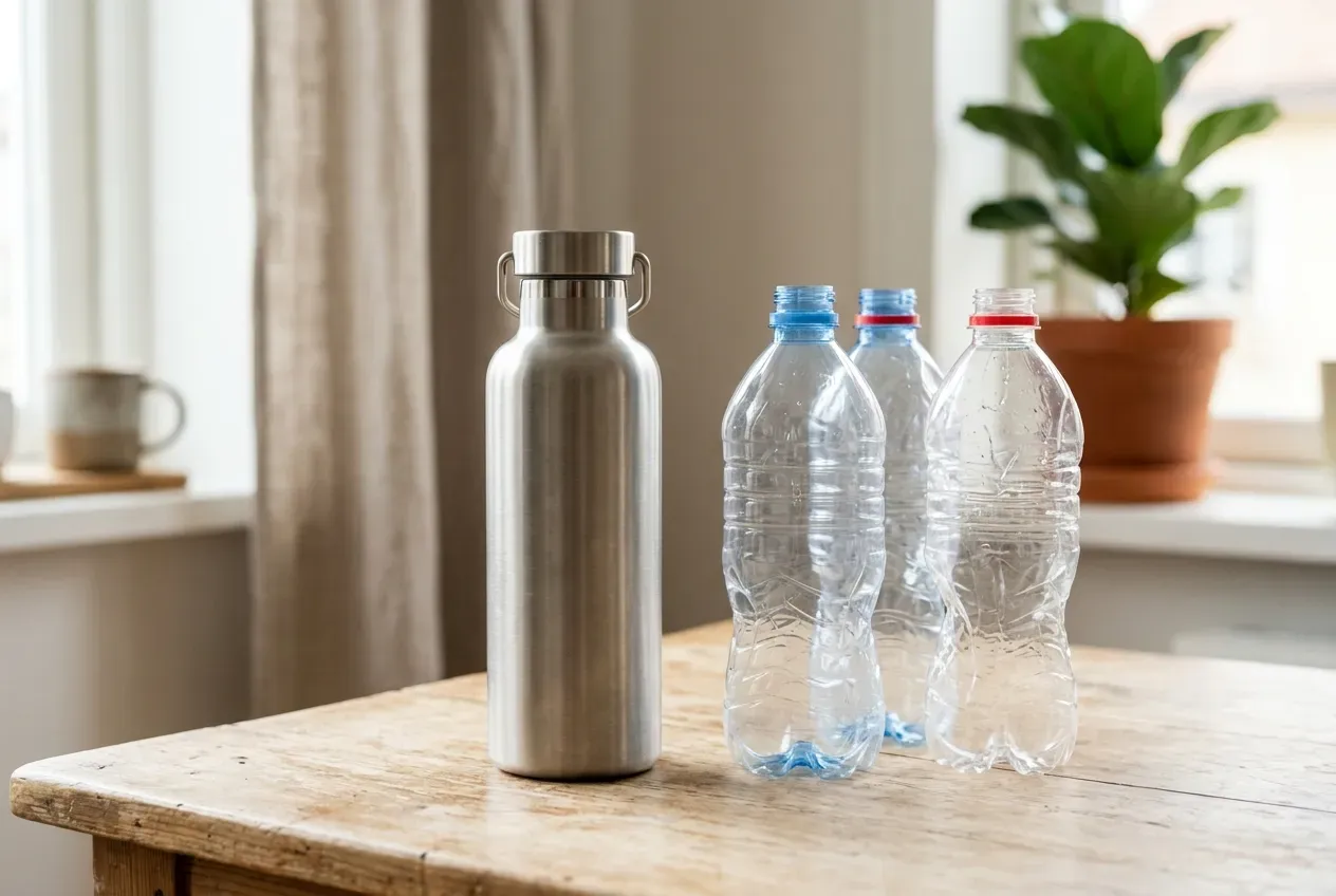 Wiederverwendbare Edelstahl-Trinkflasche neben PET-Einwegflaschen im Vergleich