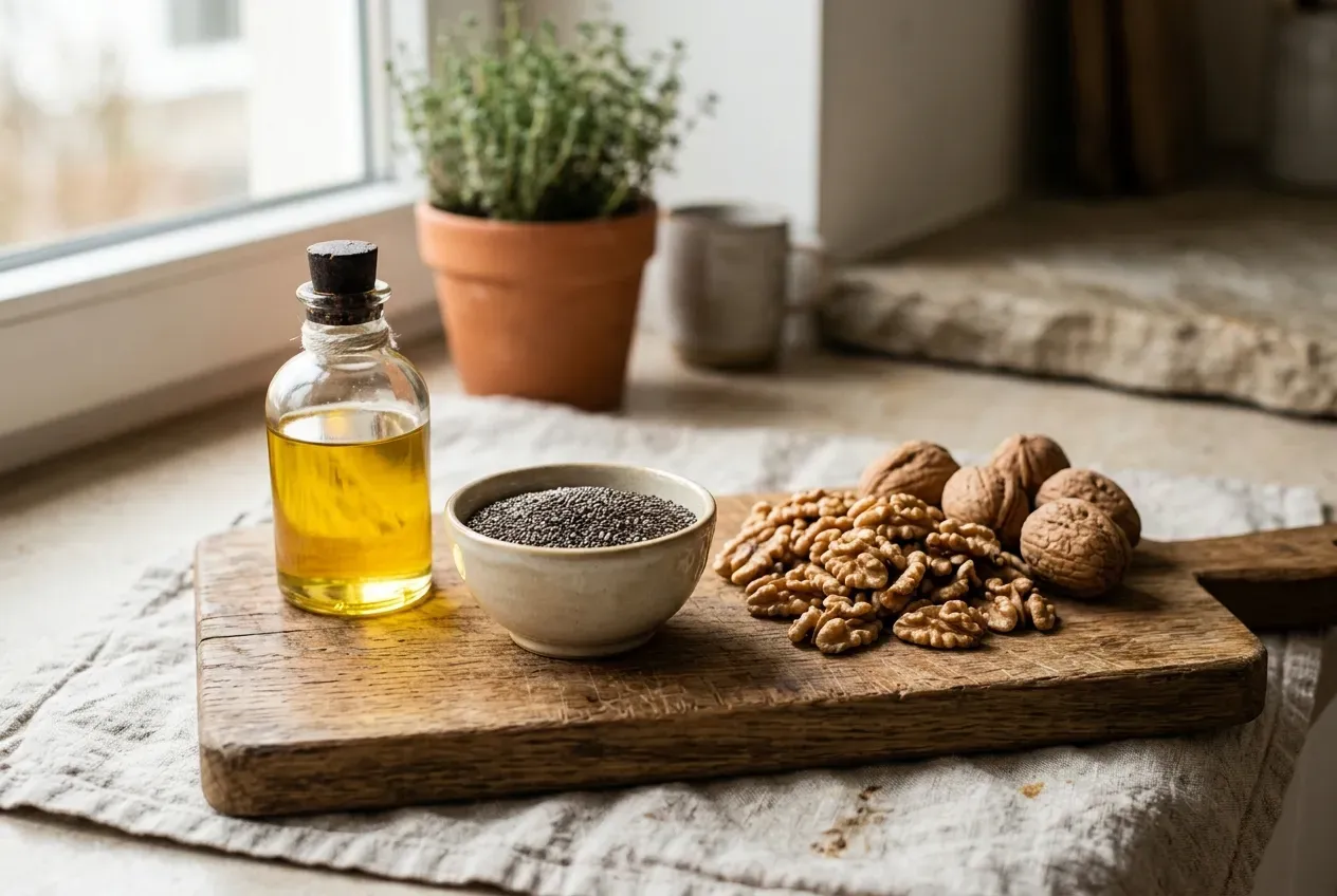 Vegane Omega-3-Quellen: Leinöl, Chiasamen und Walnüsse auf einem Holzbrett