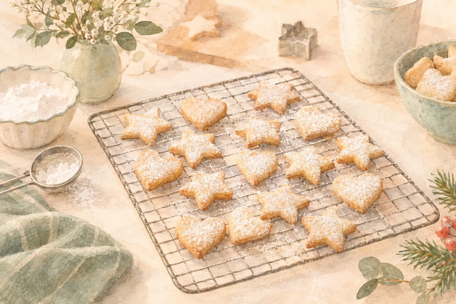 Vegane Plätzchen in Stern- und Herzform auf einem Backrost mit Puderzucker