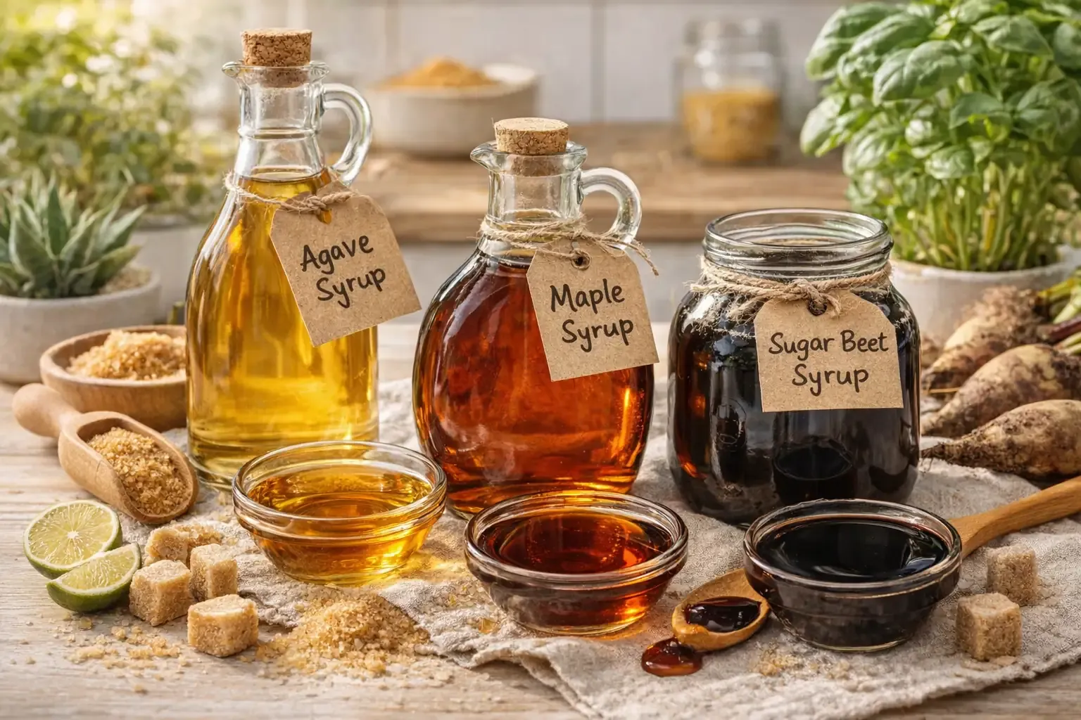 Arrangement verschiedener veganer Süßungsmittel wie Ahornsirup, Agavendicksaft und Zuckerrübensirup in Glasgefäßen auf hellem Holztisch – natürliche Zuckeralternativen im Vergleich. 
