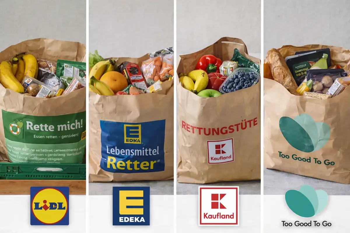 Mehrere gefüllte Papiertüten mit unterschiedlichen Lebensmitteln stehen nebeneinander und zeigen verschiedene Angebote zur Rettung von Lebensmitteln in einer vergleichenden Anordnung.