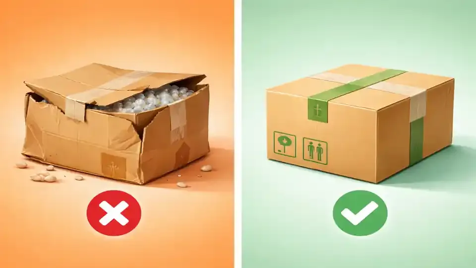 Vergleichsdarstellung zweier Pakete: links ein beschädigtes Paket auf orangem Hintergrund als Negativbeispiel, rechts ein gut verpacktes Paket auf mintgrünem Hintergrund als Positivbeispiel.