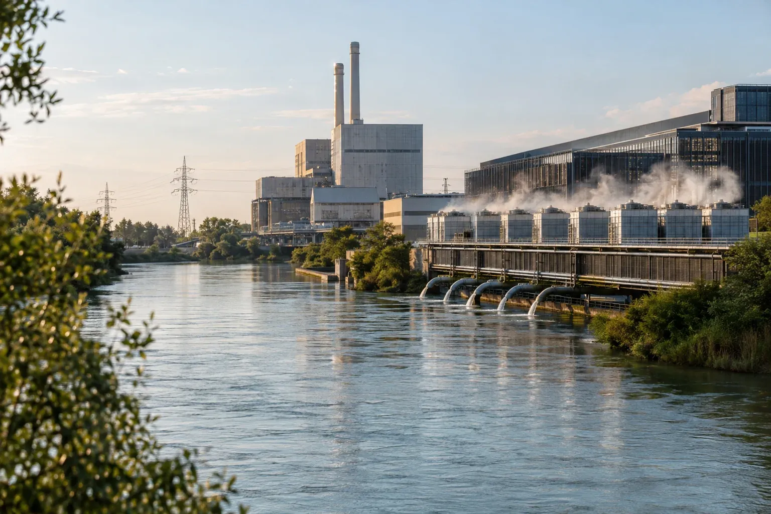 Fluss neben einem Kraftwerk, das Strom für Rechenzentren liefert und dabei Kühlwasser verbraucht