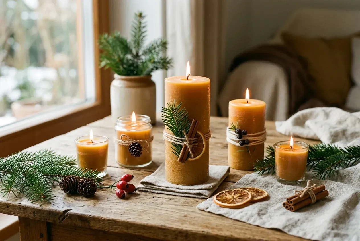 Selbstgemachte Weihnachtskerzen aus Bienenwachs mit natürlicher Dekoration